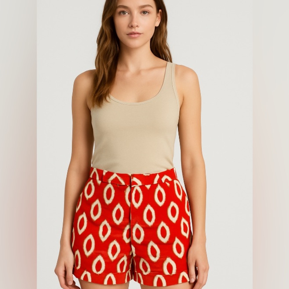 Attention Shorts Size 10 Orange Red Ikat Print Festival Summer Indie-Style Cuff